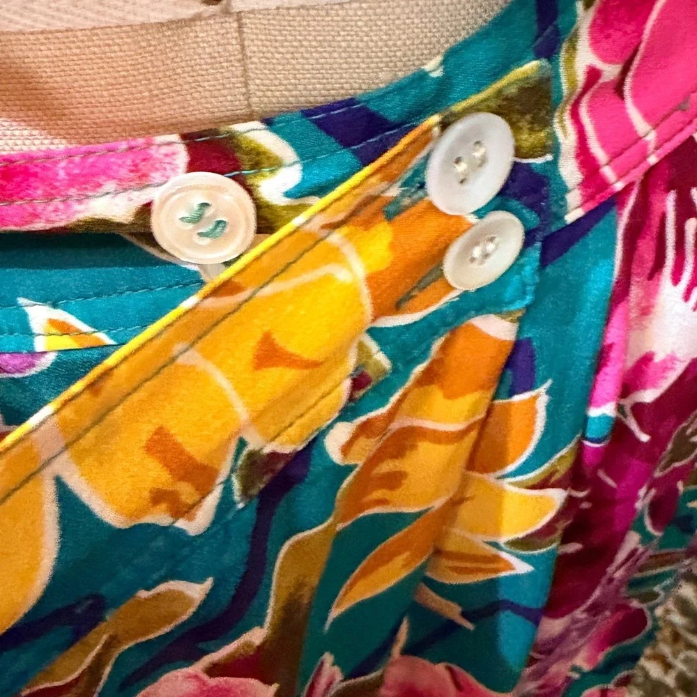 Christian Dior Vintage 80s‎ Floral Rayon Pleated Midi Skirt Pink Teal 14 - Picture 8 of 8